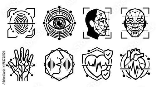 Set of Icons Featuring Biometric, Facial Recognition, DNA, and Healthcare Elements in Modern Line Art Style