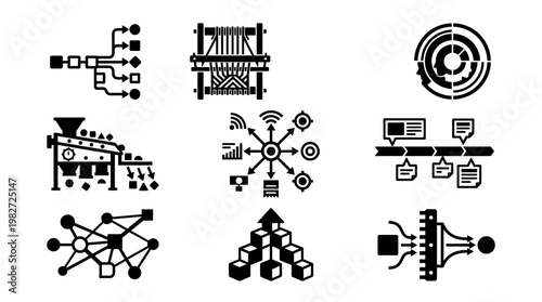 Set of Technology and Network Icons for Digital Connectivity and Data Infrastructure