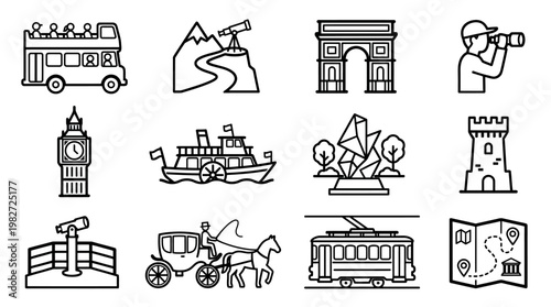 Vector Icon Set of City Landmarks and Transportation in Thin Line Style