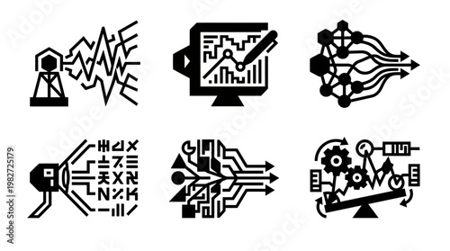 Vector Icon Set of Data Analysis and Technology Symbols for Digital Interface Design