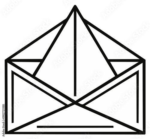 Minimalistic outline illustration of an open envelope sending or receiving communication. Triangular flap detail graphic. Flat design style.