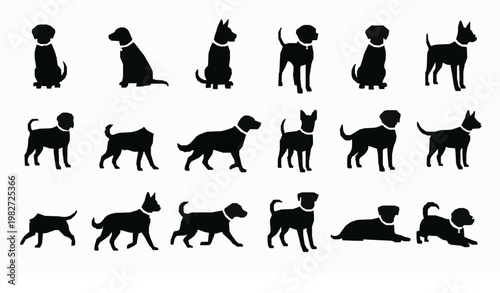 Tableau sur toile Dynamic black dog silhouettes vector with collar playful pet icon pack animal po
