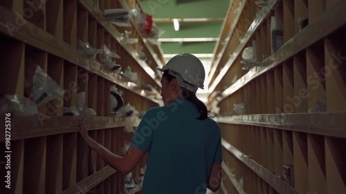 Female worker in warehouse scanning or checking inventory on storage shelves using a tablet, wearing safety helmet in logistics environment

