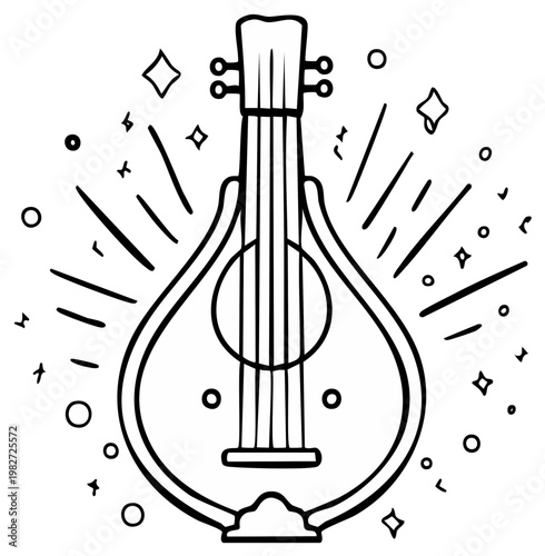 Stylized outline illustration of a plucked string instrument with radiating light rays and decorative stars