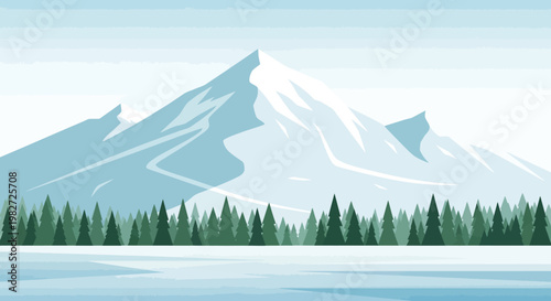 Majestic snow-capped mountain range overlooking a serene frozen lake and pine forest