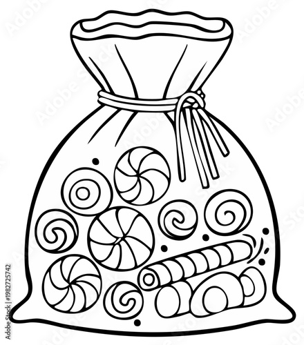 Candy bag with sweets inside for coloring book page or stencil line art vector illustration