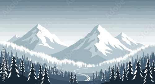 Majestic Snow-Capped Mountains Overlooking a Serene Winter Forest Landscape