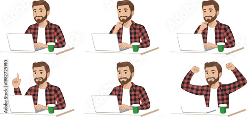 Stages of working on a laptop with bearded man, workflow process from thinking to typing and completing tasks vector illustration
