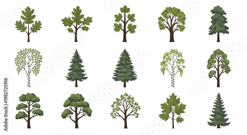 Diverse Collection of Green Trees in Various Shapes and Sizes, Isolated on White