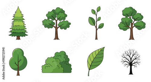 Diverse Collection of Stylized Trees and Foliage Icons
