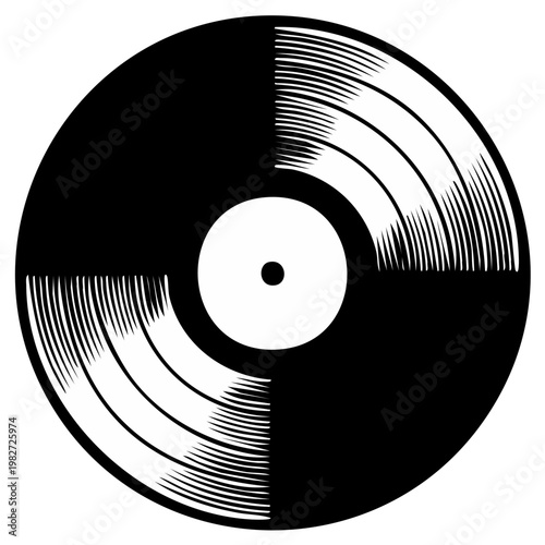 Black and white vinyl record design with circular groove lines, retro music