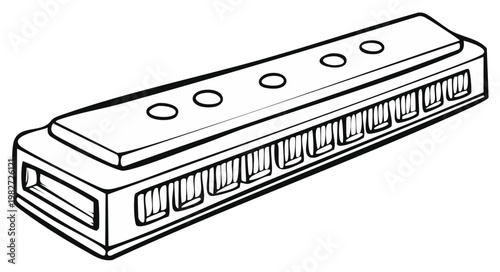 Simple line drawing of a harmonica with air holes and reeds, symbolizing music and sound