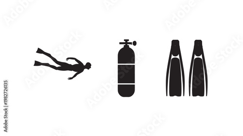 Scuba Diver Silhouette Underwater Diving Oxygen Tank Fins Adventure Ocean Icon