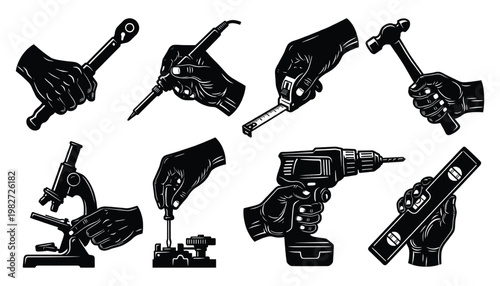 Hands Holding Industrial Tools and Hardware Equipment for Repair and DIY Projects