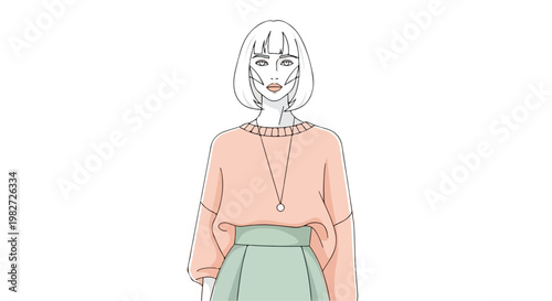 Minimalist fashion illustration of a stylish woman with bob haircut, trendy female character wearing peach sweater and green skirt, modern vector avatar
