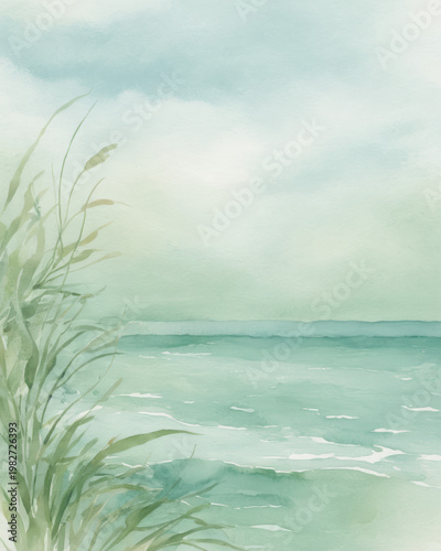 Watercolor sea breeze coast tranquil scene with soft green hue over the ocean and grass edge creating a calm coastal mood