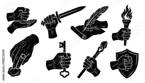 Medieval hand illustrations set with ancient icons for heritage branding and storytelling