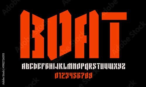 Stencil plate sans serif font in military style. Letters and numbers for logo and emblem design. Color print on white background