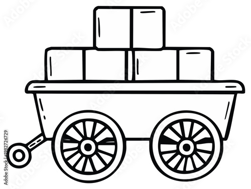 Simple line drawing of a toy cart with boxes on wheels for kids or decoration usage, featuring hand-drawn style