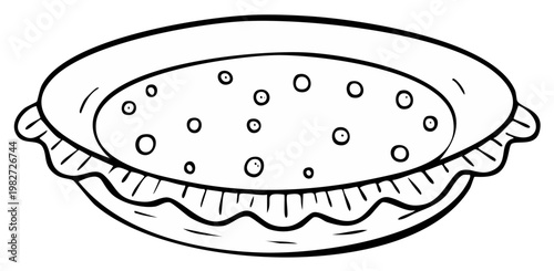 Black and white line art drawing of a pie in a tin with a decorative crust edge