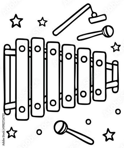Black and white illustration of a xylophone with mallets and stars for coloring.