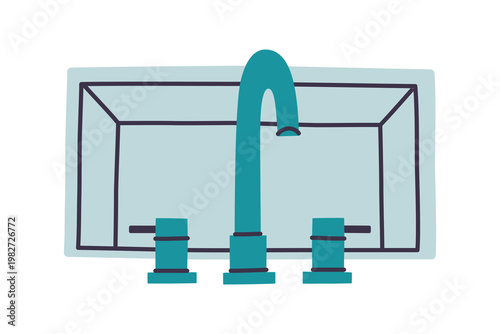 Bathroom sink with faucet and two taps, minimalist doodle icon, hand drawn style vector illustration for interior and home design theme, isolated colored clipart on white background