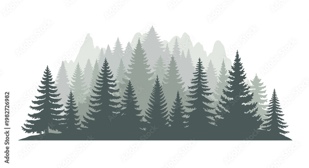 Obraz premium Misty Mountain Forest Landscape with Evergreen Trees and Peaks