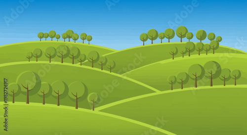 Rolling green hills with trees under a clear blue sky, idyllic countryside landscape illustration