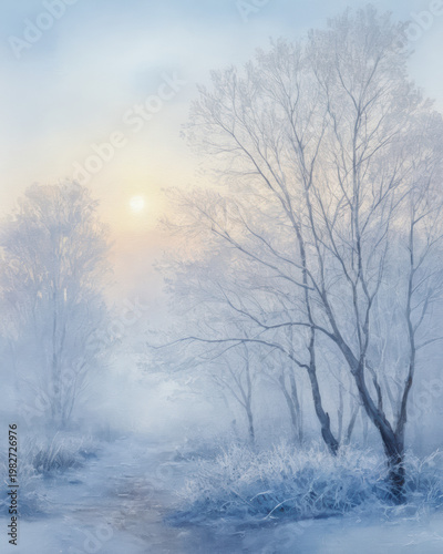 Winter frost fog sunrise tranquil scene along a quiet path winding through bare tree monochrome light and soft mist creating an ethereal peaceful winter morning