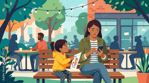 Mother Distracted by Smartphone While Child Seeks Attention Vector