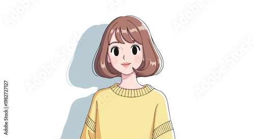 Anime style young woman character vector, cute girl with brown bob haircut in yellow sweater, hand drawn manga illustration for web design