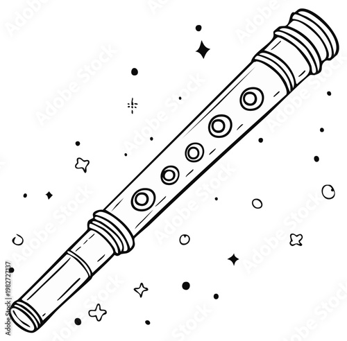Hand drawn black and white recorder flute line art with whimsical stars and dots