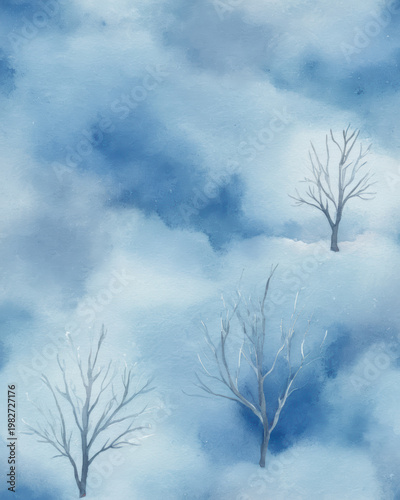 Winter tree blue watercolor quiet scene with bare branch and soft frost calm horizon and serene atmosphere