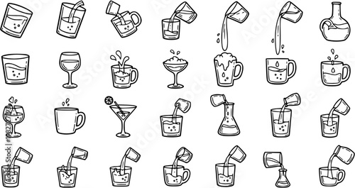 Food  Drink, Science, Everyday Pouring Liquid Black and White Line Art Icons Collection: Glassware, Cups, Mugs, Beakers, Flasks, and Beverages Doodles