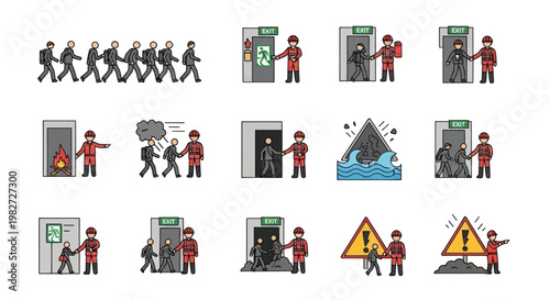 Emergency Evacuation Safety Icons: Fire, Earthquake, Hazard, First Aid
