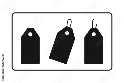 Set of three black silhouette price tags with strings and holes isolated on white