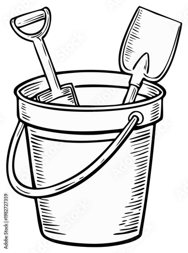 Bucket filled with sand shovel and spade beach toys for outdoor fun in summer