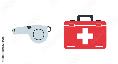 Sports Coach Whistle and First Aid Kit Isolated on White Background