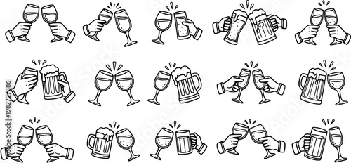 Food  Drink Celebration Cheers Icons. Black  White Line Art Hand-drawn set of hands toasting with wine glasses and beer mugs for party and event designs.