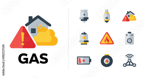 Gas Leak Warning Icons: House Fire, Detector, Battery, Alert Signs
