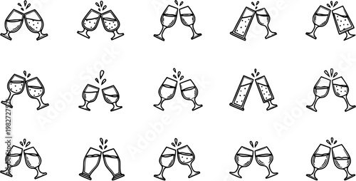Hand-drawn Black and White Line Art Clinking Glasses Icons Set. Doodle Outline Sketch of Wine, Champagne, and Beer Glasses for Celebration and Party.