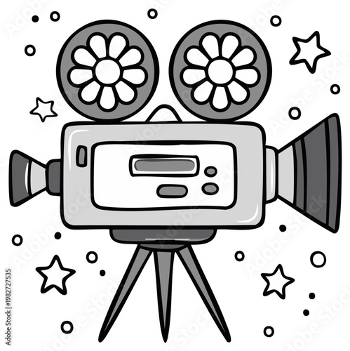 Cartoon movie camera with film reels and stars film making concept