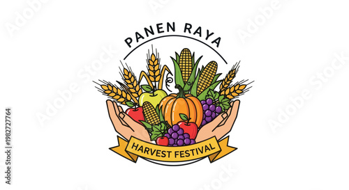 Harvest Festival Logo with Abundant Fruits and Vegetables in Hands