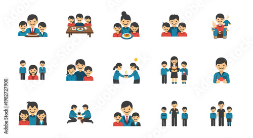 Diverse Family Icon Set: Parents, Children, Togetherness, Activities, Celebration