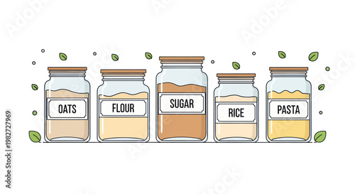 Pantry Storage: Labeled Glass Jars of Oats, Flour, Sugar, Rice, and Pasta