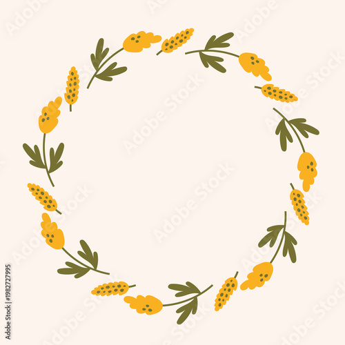 Yellow Floral Wreath. Cute hand drawn colorful wildflower chaplet with botanical sprig leaf blossom. Decorative round border with copy space. Vector illustration flat