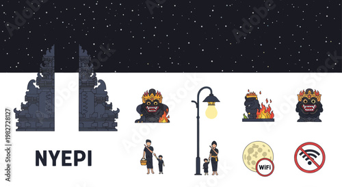 Nyepi, Balinese Silent Day, Icon Set: Temple Gate, Ogoh-Ogoh, People, Moon, Wi-Fi Sign