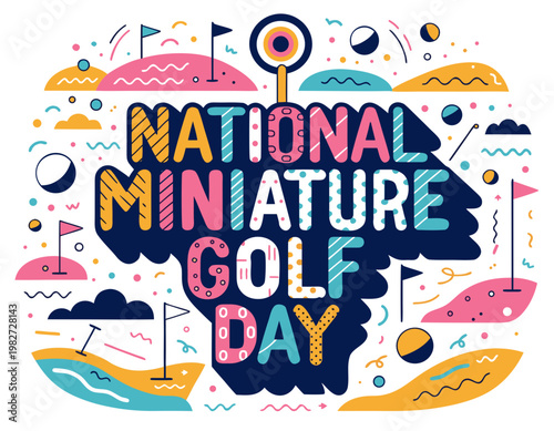 Mini Golf Day Vector Art, Cartoon Miniature Golf Course Isolated on White Background