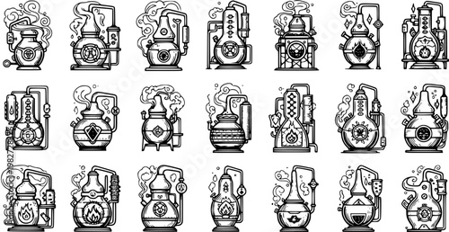 Alchemy Distillation Apparatus Line Art Icons Set. Black  White Science, Magic, and Chemistry Flasks  Stills Vector Collection.