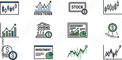 Stock market financial analysis icon set featuring candlestick charts growth graphs trading data and investment business analytics vector symbols.